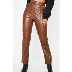 Pretty Little Thing Chocolate Faux Leather Pintuck Detail Straight Leg Trousers